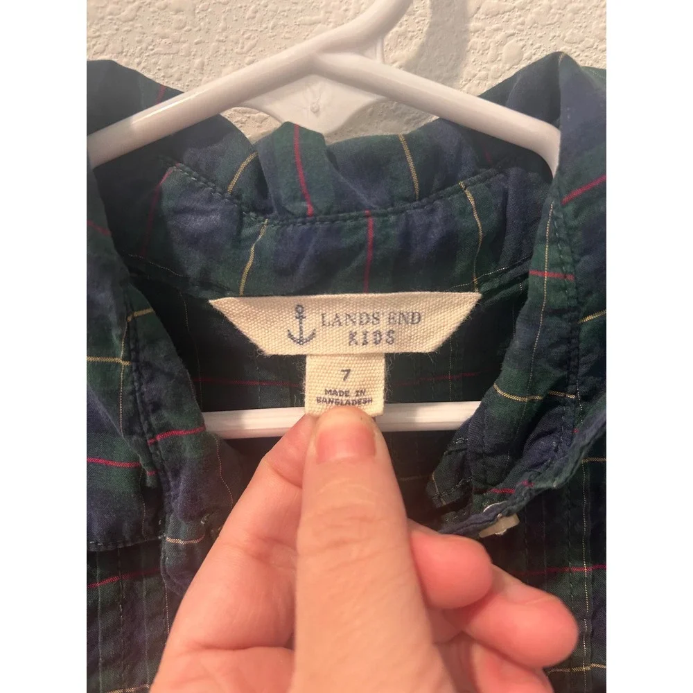 Lands End Kids Blue Green Plaid Pintuck Bib Peter Pan Collar Dress Size 7